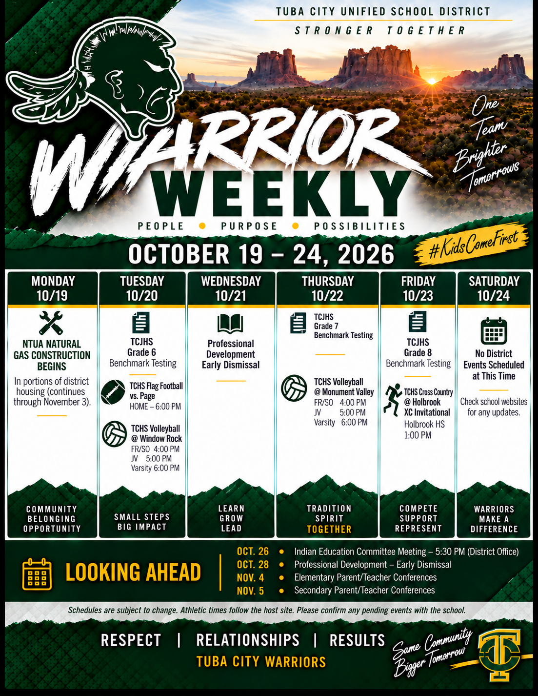 A digital flyer titled "Warrior Weekly" for Tuba City Unified School District, outlining events from October 19 to 24, 2026.